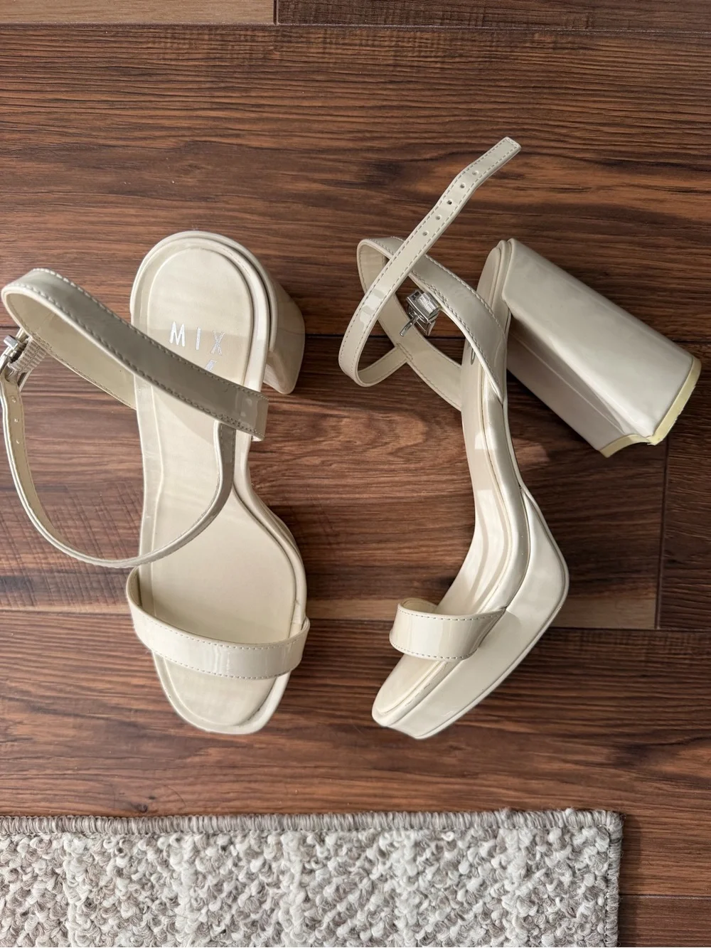 Mix No. 6 Cream Patent Block Heel Sandals with Ankle Strap